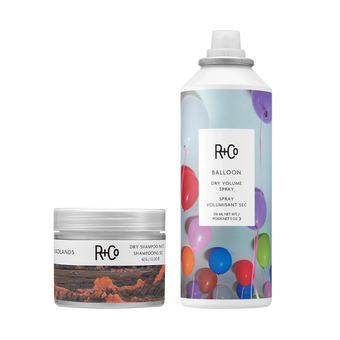 R+Co hair care products with colorful balloon design on spray can